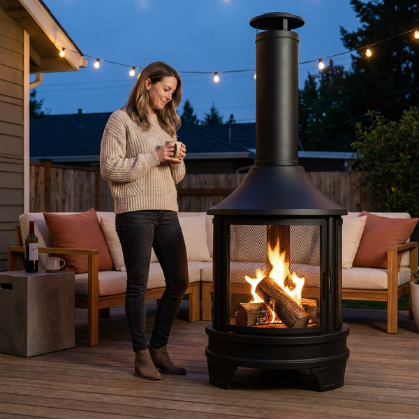 Outdoor Chimney Fireplace Built for Year-Round Patio Warmth, 360° View, Heavy-Gauge Steel, Removable Grate